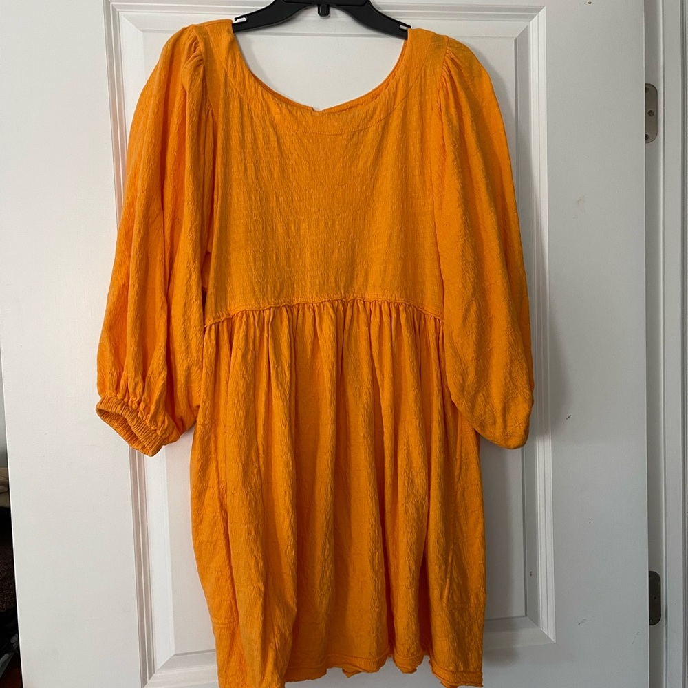 Free People Beach Bright Orange Dress with Puff Sleeves
